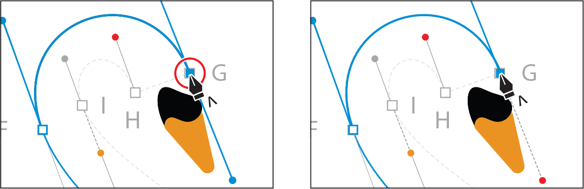 Two screenshots depict adding a new path at an anchor point and removing a direction handle so as to make the next path straight.