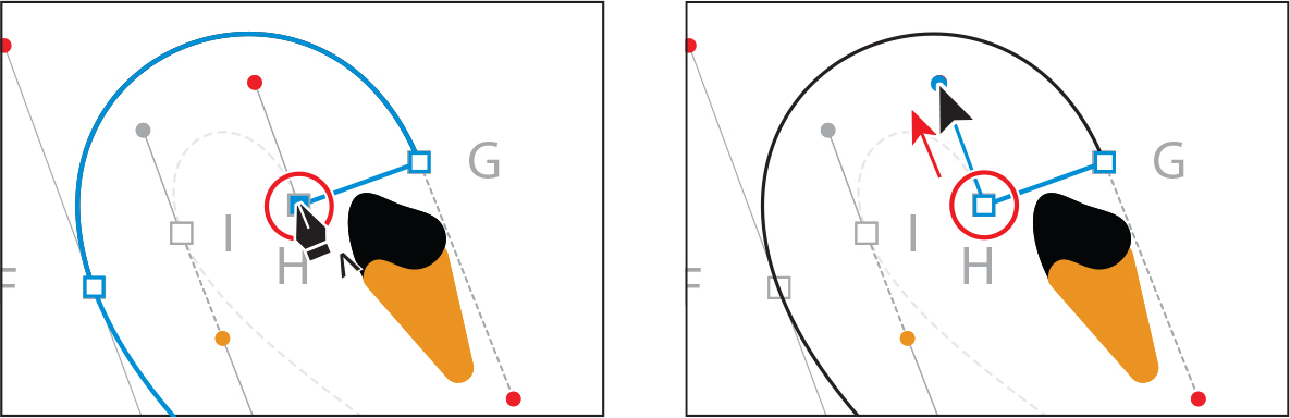 Two screenshots depict adding a new anchor point and a direction handle at an anchor point.