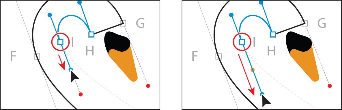 Two screenshots depict creating a curved path at anchor point.