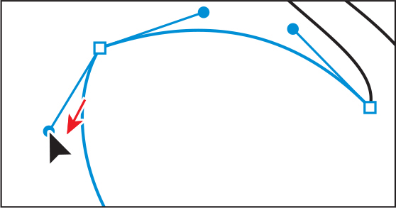 A screenshot shows reshaping the path between anchor points. The direction handle of the selected anchor point is dragged downward slightly to the left as indicated by the arrow to reshape the path.