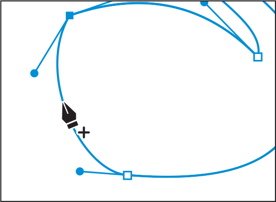 A screenshot shows adding an anchor point at a particular point on the selected path. The pen tool pointer is placed on the path to the left in the tail region. A plus sign is to the right of the pen tool pointer. The anchor point is added at that point.