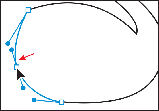 A screenshot shows reshaping the path of the newly added anchor point. The pen tool pointer is placed on the anchor point in the path to the left in the tail region. A red colored slightly downward pointing left arrow on the path indicates the direction to drag the anchor point to reshape the path.