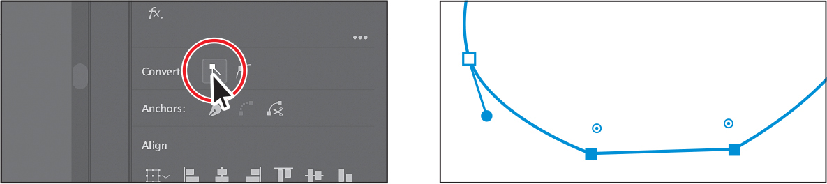 Two screenshots show converting anchor points to corner points. First screenshot shows the Properties panel. The option Convert selected anchor points to corner button is selected. Second screenshot shows the two selected points in the bottom part of the swan path converted to corner points.