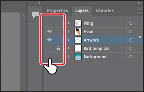 A screenshot shows the Layers panel. Eye icon, the visibility column for the layers wing and background is selected.