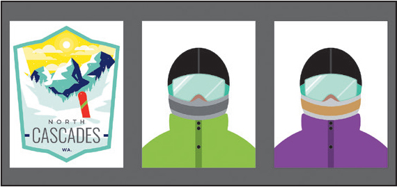 A screenshot of art board with three images displayed in separate panels is shown. The first panel shows the image of snow mountains with text North Cascades. The second and third panel show the images of snow boarders.
