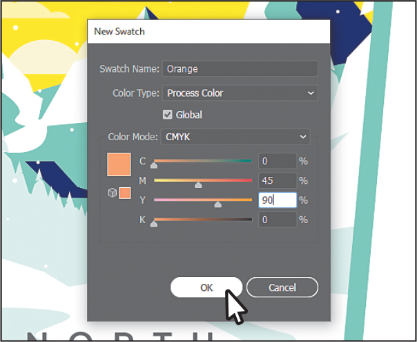 A screenshot of the New swatch dialog box on the art board is shown.