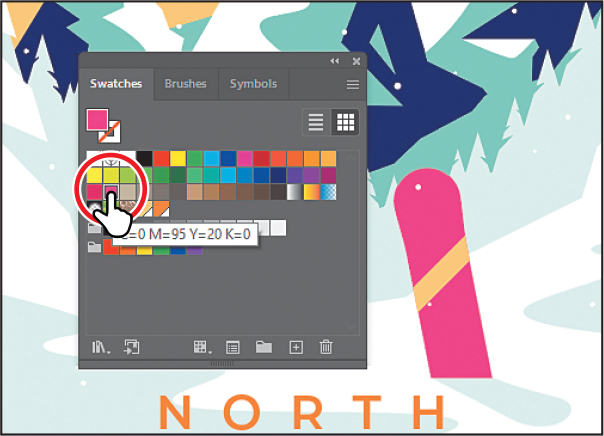 A screenshot of the Swatches panel displayed on the art board. Pink swatch in the swatches panel is selected.