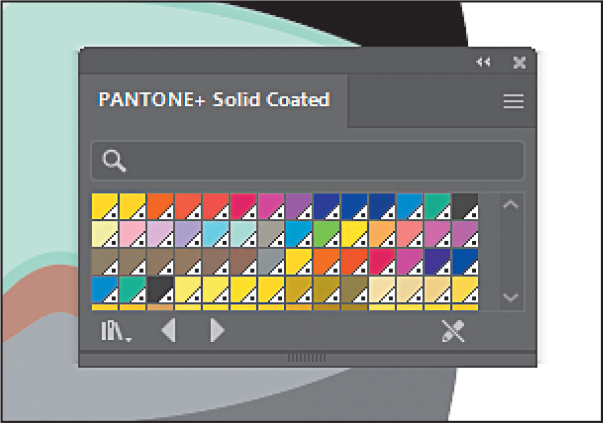 A screenshot of the Pantone plus Solid coated library panel is shown. The panel includes a search box at the top followed by the range of colors.