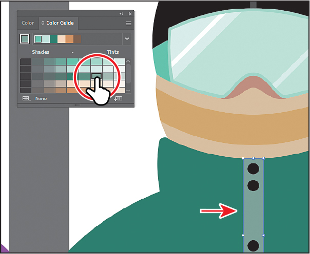 A screenshot of the art board with color guide panel and the image of the snowboarder is shown. Center rectangle in the jacket shape is selected. Lighter Green color in the Color guide panel is selected.
