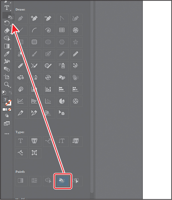 A screenshot of dragging the live paint bucket tool into the toolbar on the left to add it to the list of tools on the toolbar.