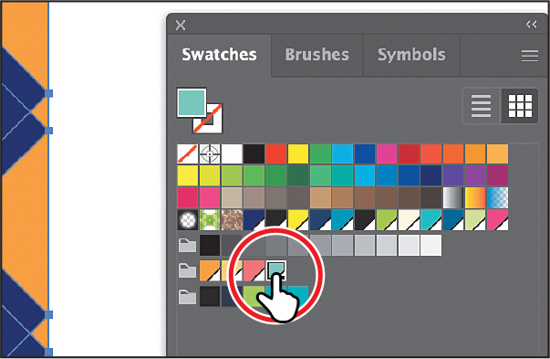 A screenshot shows the swatches panel. Light green color is selected in one of the swatch groups.
