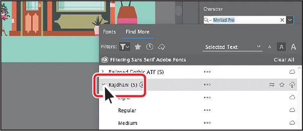 A screenshot displays the properties panel. The pointer is on the font list labeled Rajdhani and it is highlighted for reference.