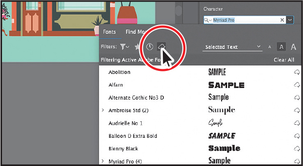 A screenshot displays the font family menu in the properties panel. The pointer is on the fonts button on the top and it is highlighted for reference.