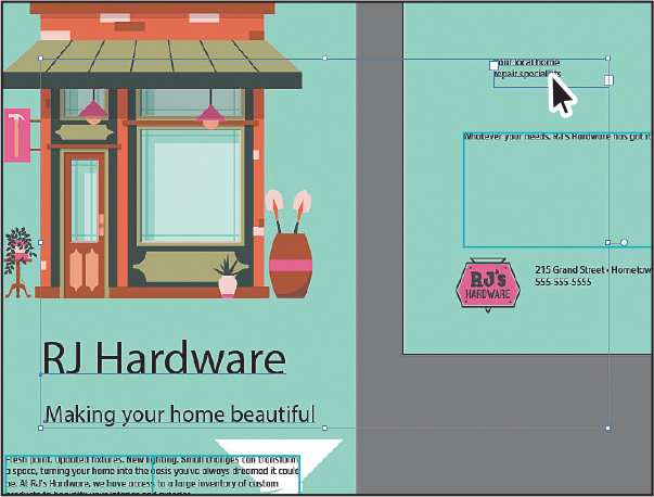 A screenshot of the art board with an artwork of a shop is on the left. The three text object boxes are selected using the selection tool.