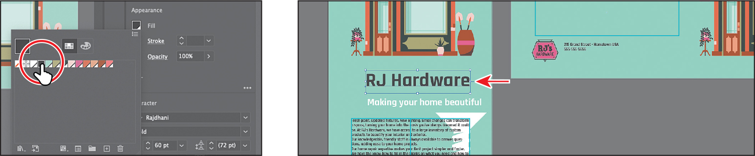 A screenshot shows the swatches panel under the appearance section of the properties panel. The dark grey swatch is selected. The preview shows the text, RJ hardware in dark grey.