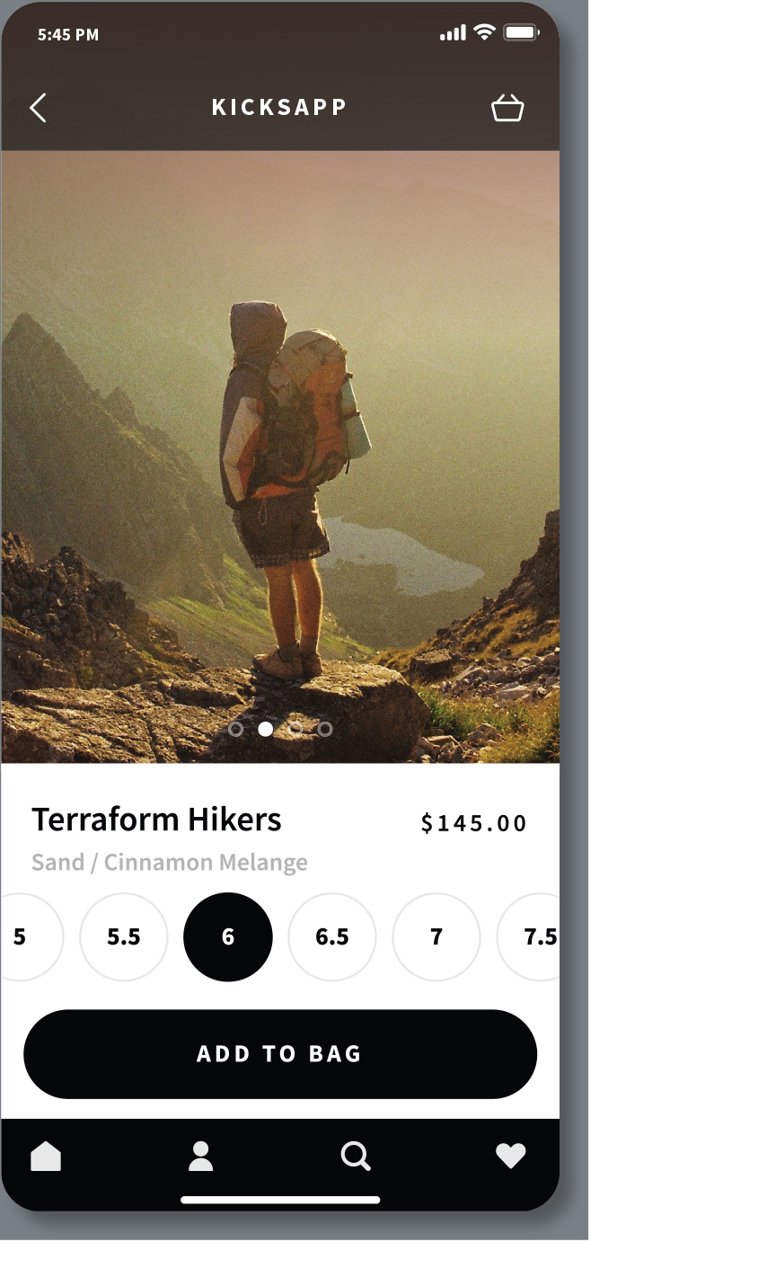 An artwork resembles a mobile screenshot of Kicksapp. It shows a hiker with backpacks standing on a mountain ridge.