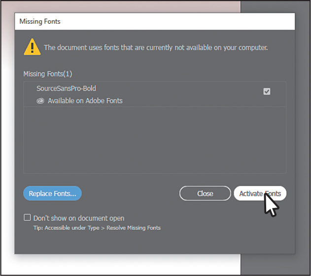 A screenshot of the Missing Fonts dialog box.