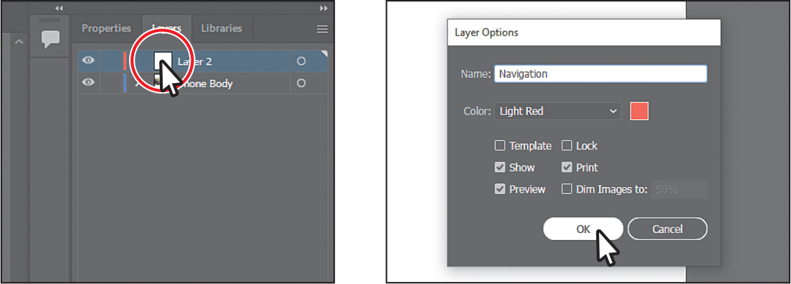 Two screenshots depict the creation of a new layer in the Layers panel.