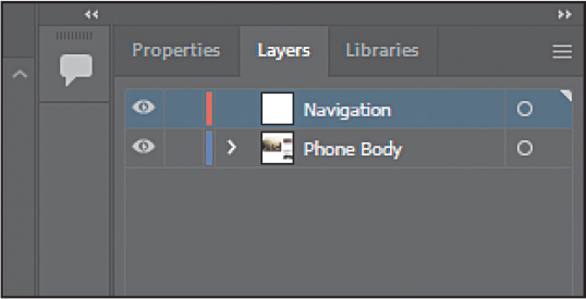 A screenshot of the Layers panel shows two layers: Navigation and Phone Body. The Navigation layer has light red as the layer color to the left of the layer name.