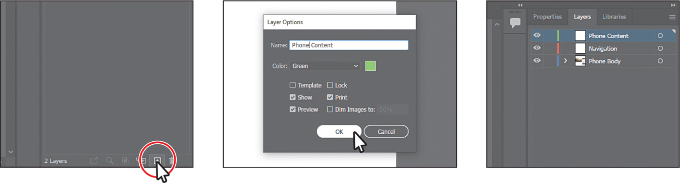 Three screenshots depict the creation of a new layer in the Layers panel.