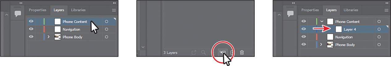 Three screenshots depict the creation of a new sub layer in the Layers panel.