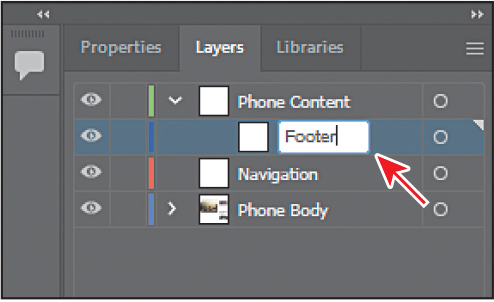 A screenshot of the Layers panel shows an arrow pointing to a sub layer named, Footer under the layer named, Phone Content.