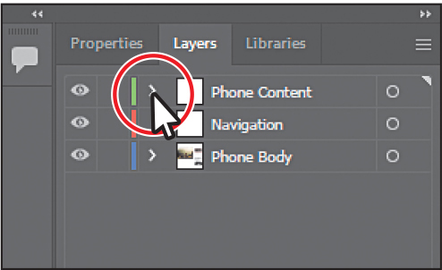 A screenshot of the Layers panel shows three layers. The disclosure triangle to the left of the layer named, Phone Content is encircled.