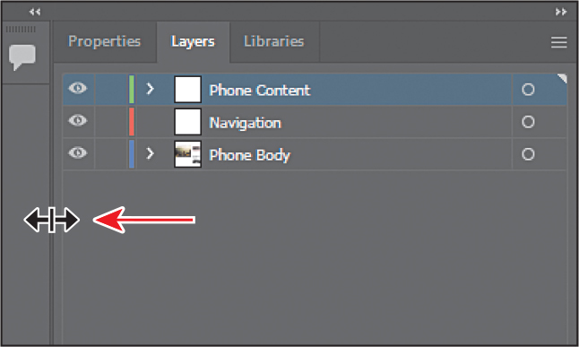 A screenshot of the Layers panel shows three layers with an arrow pointing to the resize tool present at the left edge of the panel.