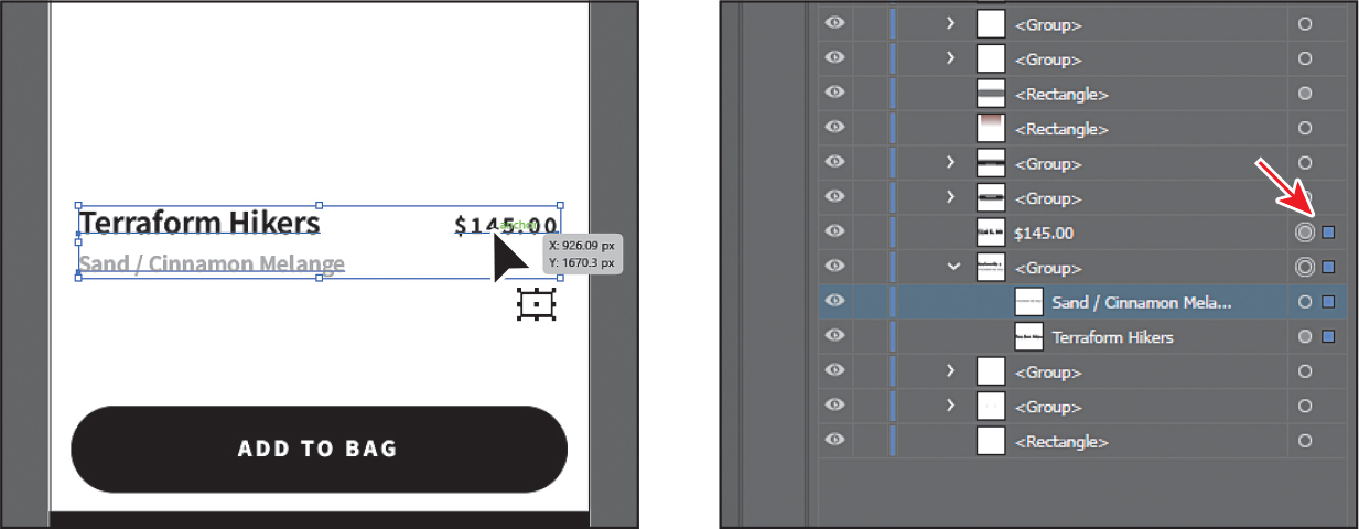 Two screenshots depict finding content in the Layers panel.