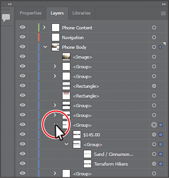 A screenshot of the Layers panel with the content of the Phone Body layer revealed.