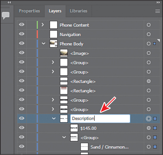 A screenshot of the Layers panel shows the name of a <Group> set to Description.