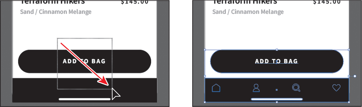 Two screenshots depict the addition of a button in an art board.