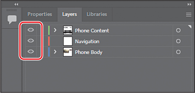 A screenshot of the Layers panel shows three layers: Phone Content, Navigation, and Phone Body. Eye icons to the left of the three layers are encircled.