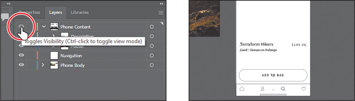 Two screenshots depict viewing the content of a layer in outline mode.