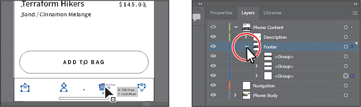 Two screenshots depict viewing the content of a selected artwork in the Layers panel.