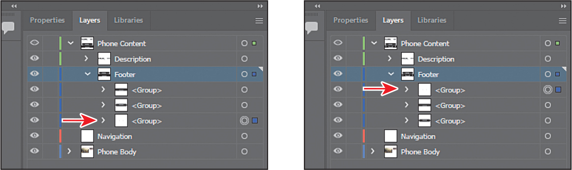 Two screenshots depict arranging the content in the layers.