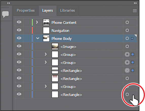 A screenshot of the Layers panel with three layers. The content of the Phone Body layer is displayed. One of the <Rectangle> object with no selection indicator to the right of the target icon is encircled.