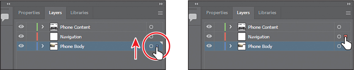 Two screenshots show moving the content of a layer to another layer by dragging the selection indicator.