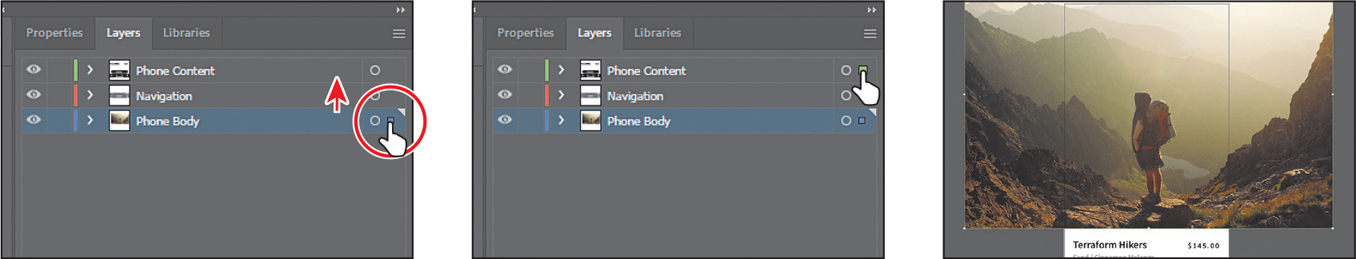 Three screenshots depict moving content from one layer to another layer by dragging the selection indicator.