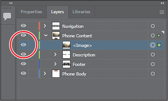 A screenshot of the Layers panel depicts hiding layers.