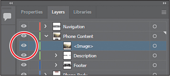 A screenshot of the Layers panel with the content of the Phone Content layer revealed. The eye icon to the left of an <image> object is encircled.