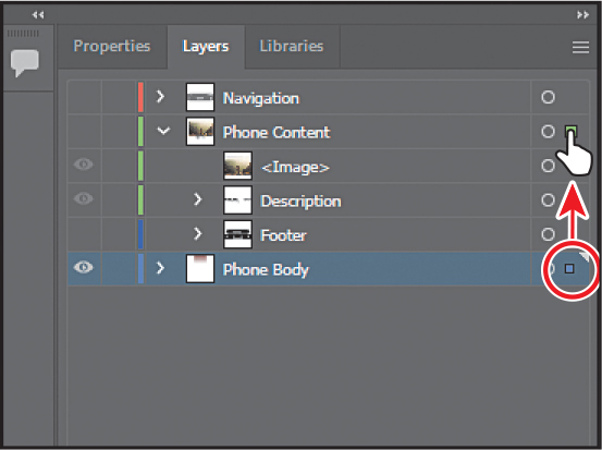 A screenshot of the Layers panel depicts hiding layers by dragging the selection indicator from one layer to another.