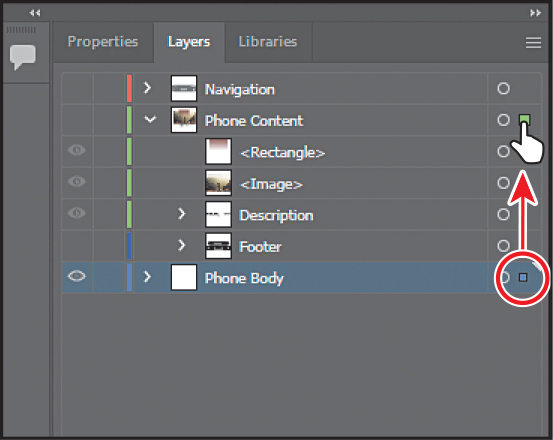 A screenshot of the Layers panel depicts hiding layers by dragging the selection indicator from one layer to another.