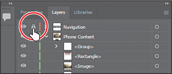 A screenshot of the Layers panel depicts locking layers. The panel shows the lock icon to the left of the Navigation layer name encircled.