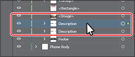 A screenshot of the Layers panel depicts duplicating layer content. The Layers panel shows the content of the Phone Content layer. Two groups named Description are encircled. One of the groups has a selection indicator to its right.