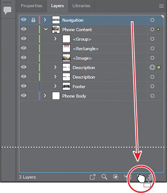 A screenshot of the Layers panel depicts duplicating layer content. The panel shows three layers: Navigation, Phone Content, and Phone Body. The Navigation layer is selected. An arrow from the layer points down to the Create New Layer button which is encircled. A hand icon is also placed over the button.