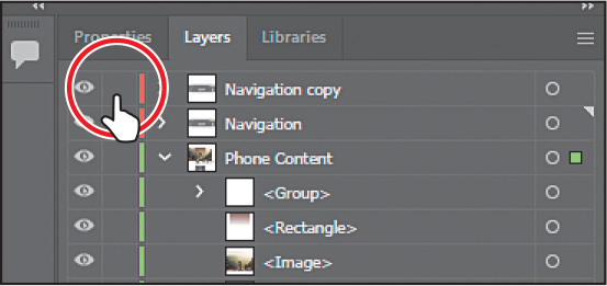 A screenshot of the Layers panel shows three layers: Navigation copy, Navigation, and Phone Content. The lock icon to the left of the Navigation copy layer is hidden and is encircled.