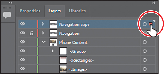 A screenshot of the Layers panel shows three layers: Navigation copy, Navigation, and Phone Content. The selection indicator to the right of the Navigation copy layer name is encircled.