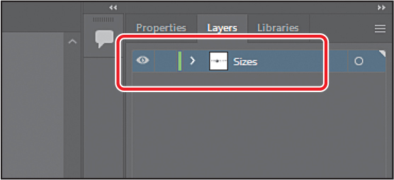 A screenshot of the Layers panel shows a layer named Sizes. The layer is selected and encircled.