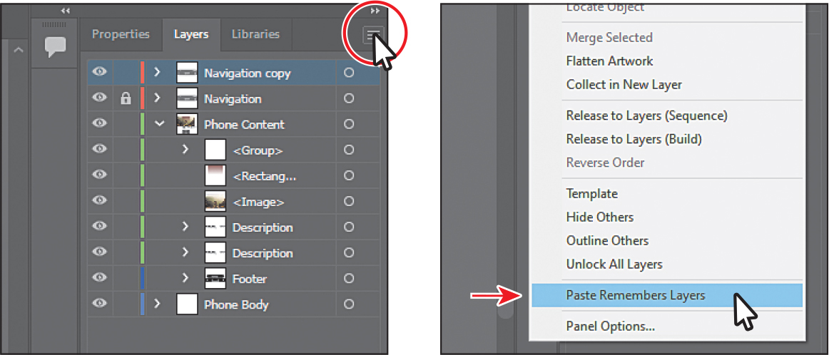 Two screenshots depict pasting layers.